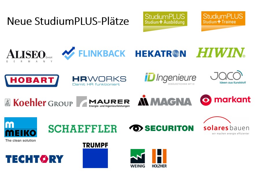 Grafik zeigt die Logos der neuen StudiumPLUS-Kooperationsunternehmen.